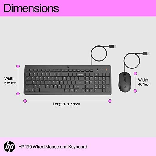 HP 150 Wired Keyboard and Mouse Combo with Instant USB Plug-and-Play Setup, 12 Shortcut Keys, 6° Adjustable Slope Keyboard and 1600 DPI Optical Sensor Mouse