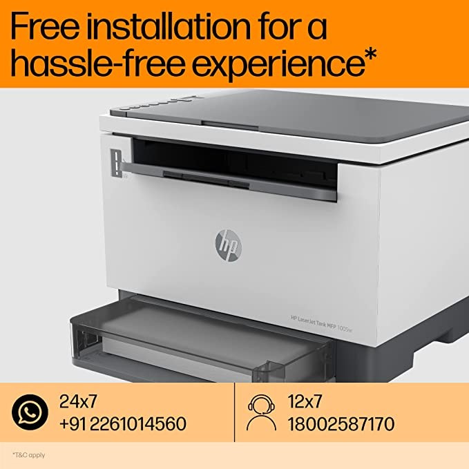 HP Laserjet Tank 1005 Printer for Home & SMB: 3-in-1 Print, Copy, Scan, Mess-Free 15 Sec Toner Refill, Lowest Cost Per Page for B&W Prints, Compact, Smart Guided Buttons