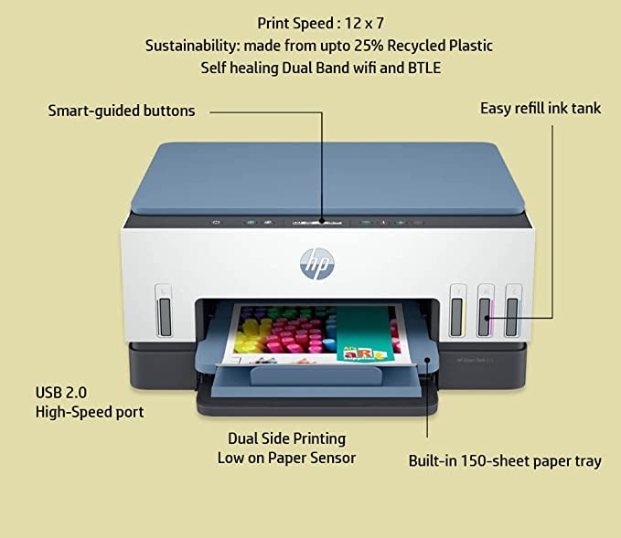 HP Smart Tank 675 All-in-one Printer with Built-in Wi-Fi, Mobile Printing, Automatic Two-Sided Printing, and Print speeds up to 12 ppm (Black) and 7 ppm (Color).